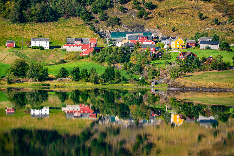 Norwegian Landscape With Colorful Houses Granvinsvatnet, Norway,